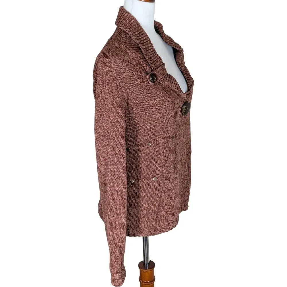Christopher & Banks Brown Cotton Knit Cardigan Large Button Size Small Studded